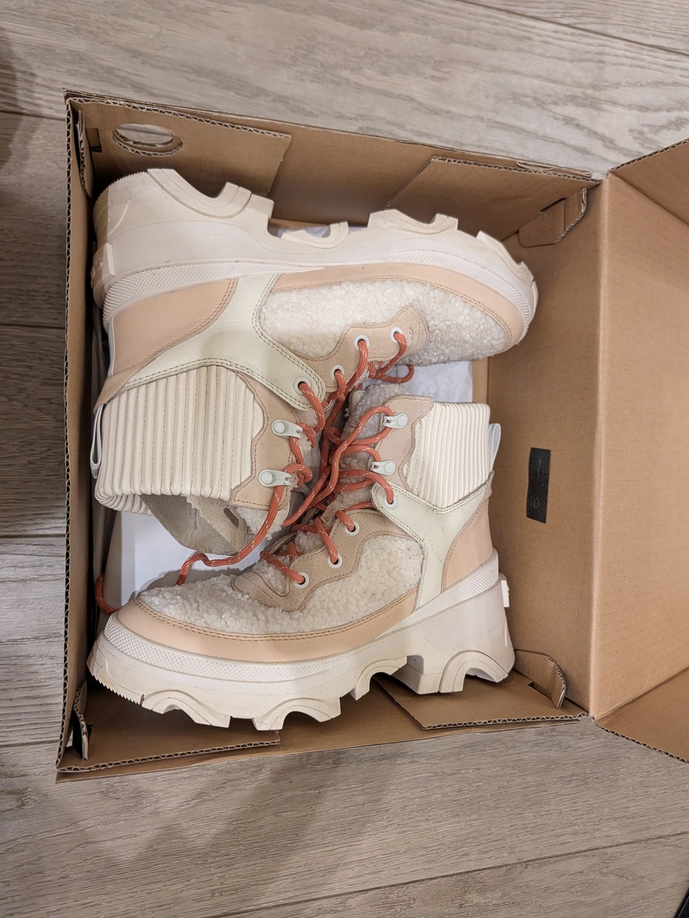 Sorel Cream and Beige Shearling Lace-Up Combat Boots with Rust Laces